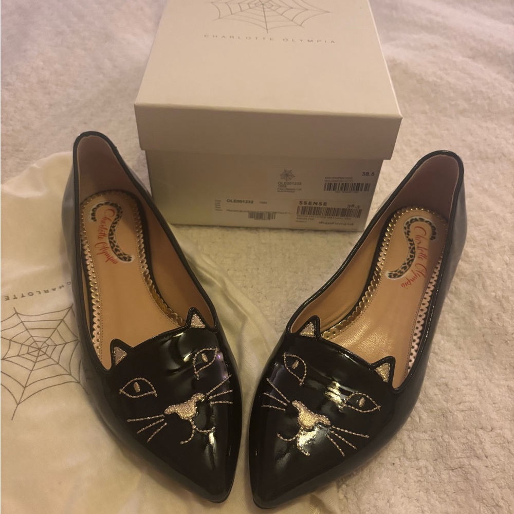 Charlotte Olympia Black Patent Leather Cat Embroidered Flats